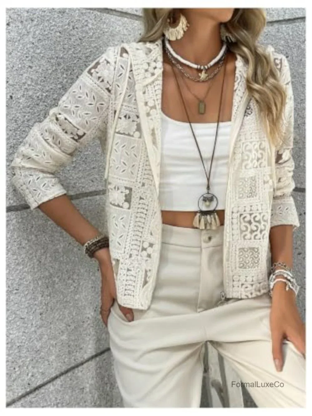 Lace Crochet Zip Up Cardigan Sheer Lightweight Casual Jacket